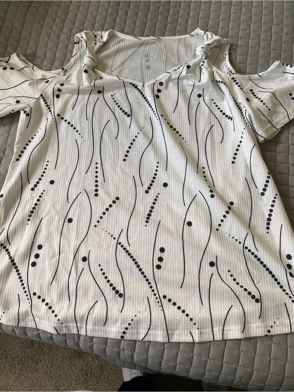 Women's White Cold-Shoulder Blouse with Black Wave Dot Print